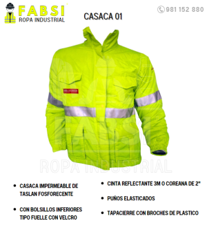 casaca impermeable de taslan fosforecente con bolsillos inferiores tipo fuelle con velcro