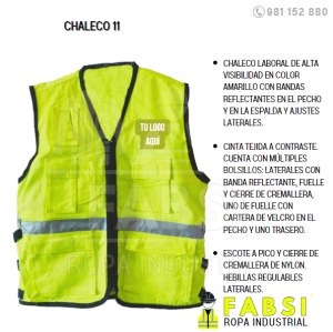 Chaleco laboral de alta visibilidad en color amarillo con bandas reflectantes en el pecho y en la espalda y ajustes laterales. Cinta tejida a contraste. Cuenta con múltiples bolsillos: laterales con banda reflectante, fuelle y cierre de cremallera, uno de fuelle con cartera de velcro en el pecho y uno trasero. Escote a pico y cierre de cremallera de nylon. Hebillas regulables laterales.