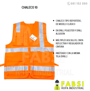 Chaleco tipo reportero, de modelo clásico en drill poliester y drill algodón Múltiples bolsillos, cinta reflectiva y regulador de cintura ribeteado con la misma tela (drill)