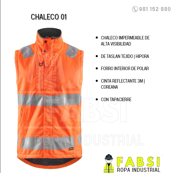 chaleco reflectivo fabsi sac Chaleco IMPERMEABLE DE alta visibilidad dE tASLAN TEJIDO | HIPORA fORRO INTERIOR DE POLAR CINTA REFLECTANTE 3M | COREANA cON TAPACIERRE
